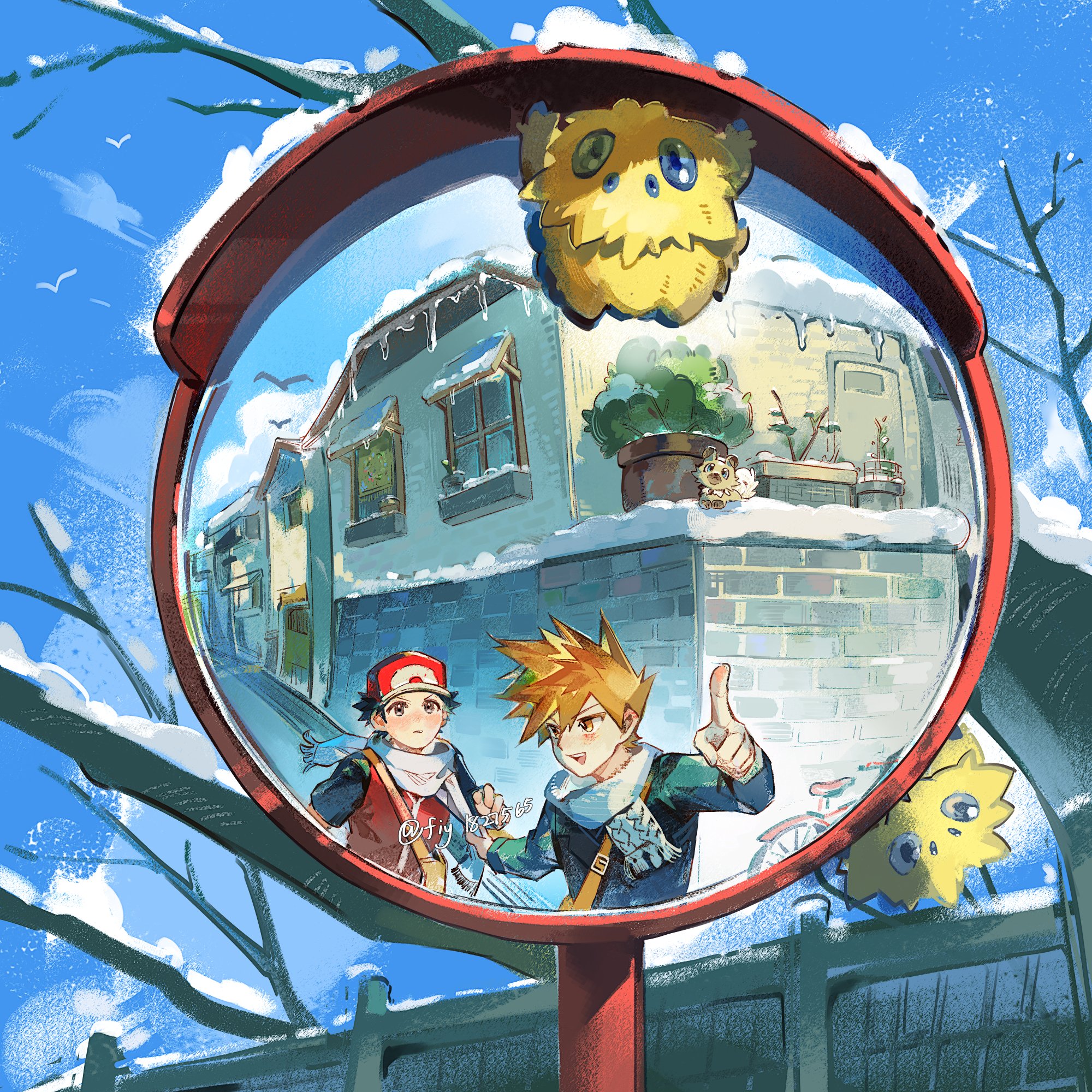 fiy1827565, blue oak, joltik, red (pokemon), rockruff, nintendo, pokemon, pokemon frlg, commentary, highres, symbol-only commentary, 2boys, bag, baseball cap, bird, black hair, blue eyes, blue jacket, blue sky, blush, brown eyes, brown hair, bug, building, dog, gen 5 pokemon, gen 7 pokemon, hat, jacket, male focus, mirror, multiple boys, open mouth, outdoors, pointing, pokemon (creature), red hat, red jacket, reflection, scarf, short hair, shoulder bag, sky, snow, spiked hair, traffic mirror, white scarf