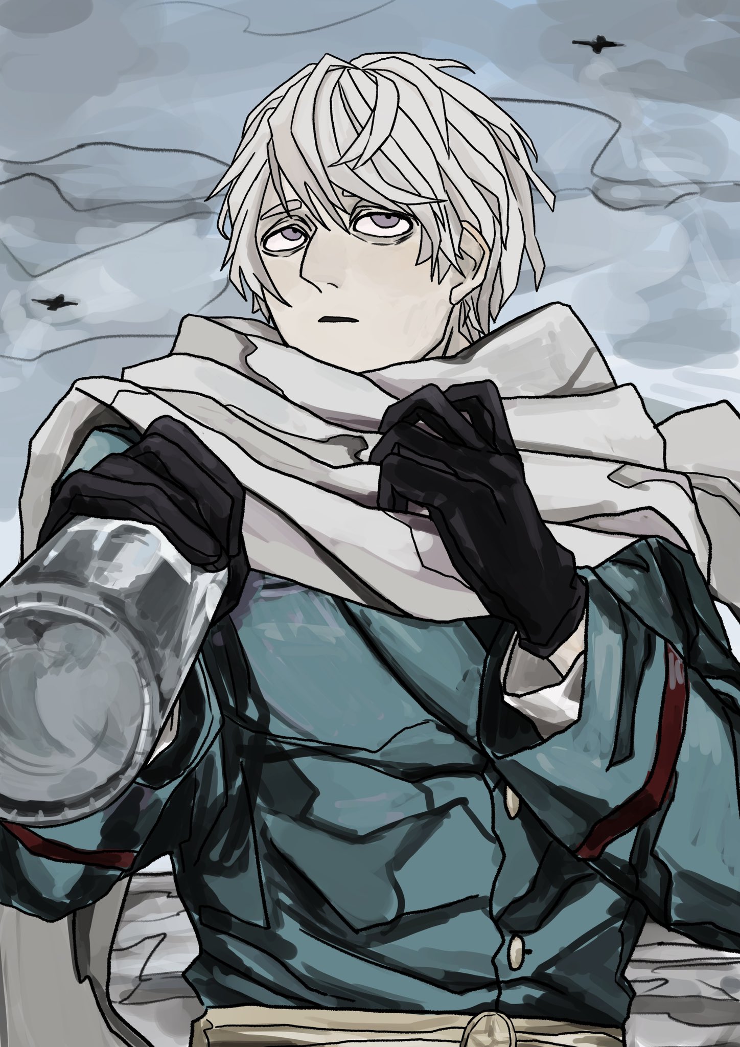 russia (hetalia), axis powers hetalia, highres, 1boy, alcohol, belt, black gloves, bottle, buttons, gloves, green jacket, hair between eyes, half-closed eyes, hands up, holding, holding bottle, jacket, kiguchi05, long sleeves, looking up, lying, male focus, military, military jacket, military uniform, on back, open mouth, outdoors, purple eyes, scarf, short hair, snow, solo, soviet army, vodka, white hair, white scarf, winter, yellow belt