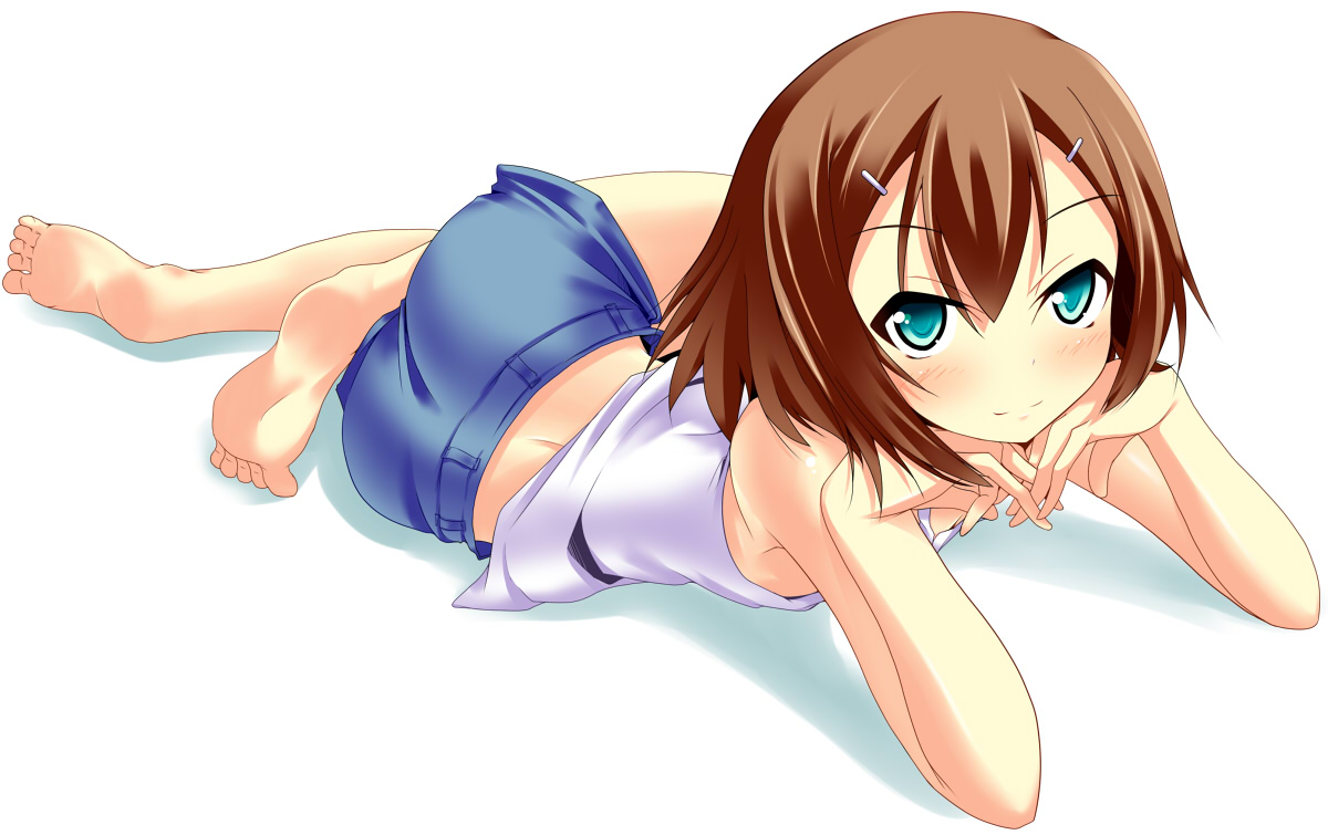 nana (732 kaiten), kinoshita hideyoshi, baka to test to shoukanjuu, 1boy, androgynous, arm support, artistic error, ass, barefoot, blush, brown hair, crossdressing, crossdressing (mtf), feet, hair ornament, male focus, shorts, solo, trap