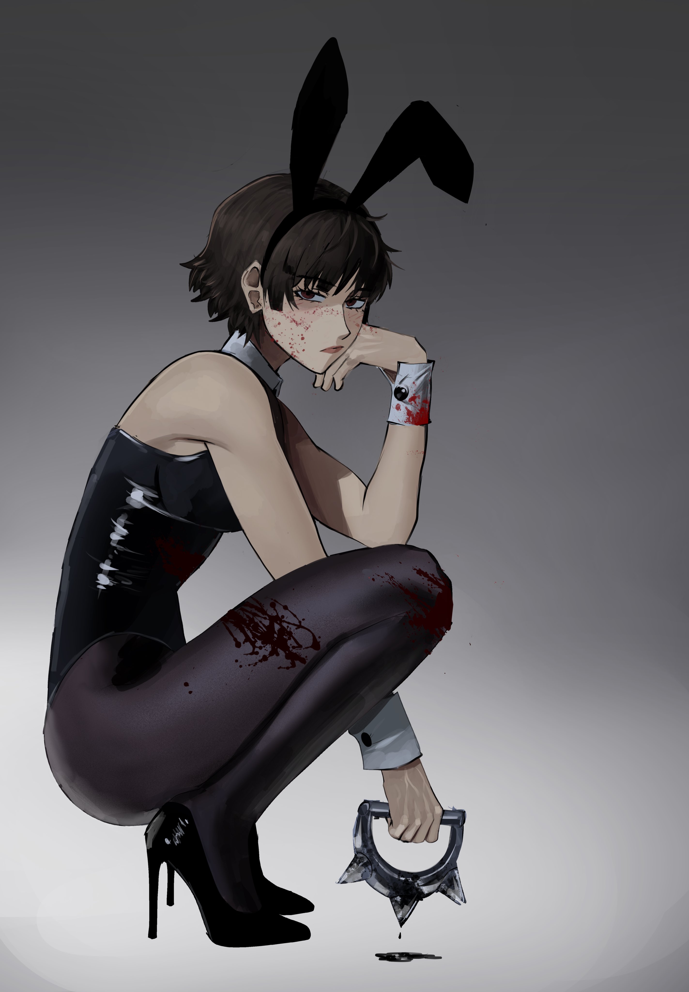 chaosoded, niijima makoto, persona, persona 5, absurdres, commentary, english commentary, highres, 1girl, animal ears, bare shoulders, black leotard, black pantyhose, black shoes, blood, blood on face, brass knuckles, brown eyes, brown hair, closed mouth, detached collar, elbow rest, fake animal ears, from side, full body, gradient background, high heels, holding, holding weapon, leotard, looking at viewer, pantyhose, playboy bunny, rabbit ears, shiny clothes, shoes, short hair, solo, squatting, weapon, white wrist cuffs, wrist cuffs