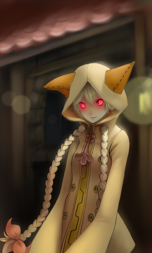 mins (minevi), taokaka, arc system works, blazblue, 1girl, animal ears, animal hood, braid, cat hood, female focus, glowing, glowing eyes, hood, red eyes, solo