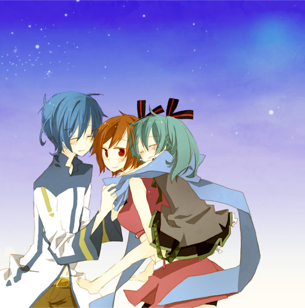 yoshiki, hatsune miku, kaito (vocaloid), meiko (vocaloid), vocaloid, bad id, bad pixiv id, 1boy, 2girls, aqua hair, blue hair, blue scarf, brown eyes, brown hair, closed eyes, holding, long hair, multiple girls, night, scarf, short hair, sleeping, smile, twintails