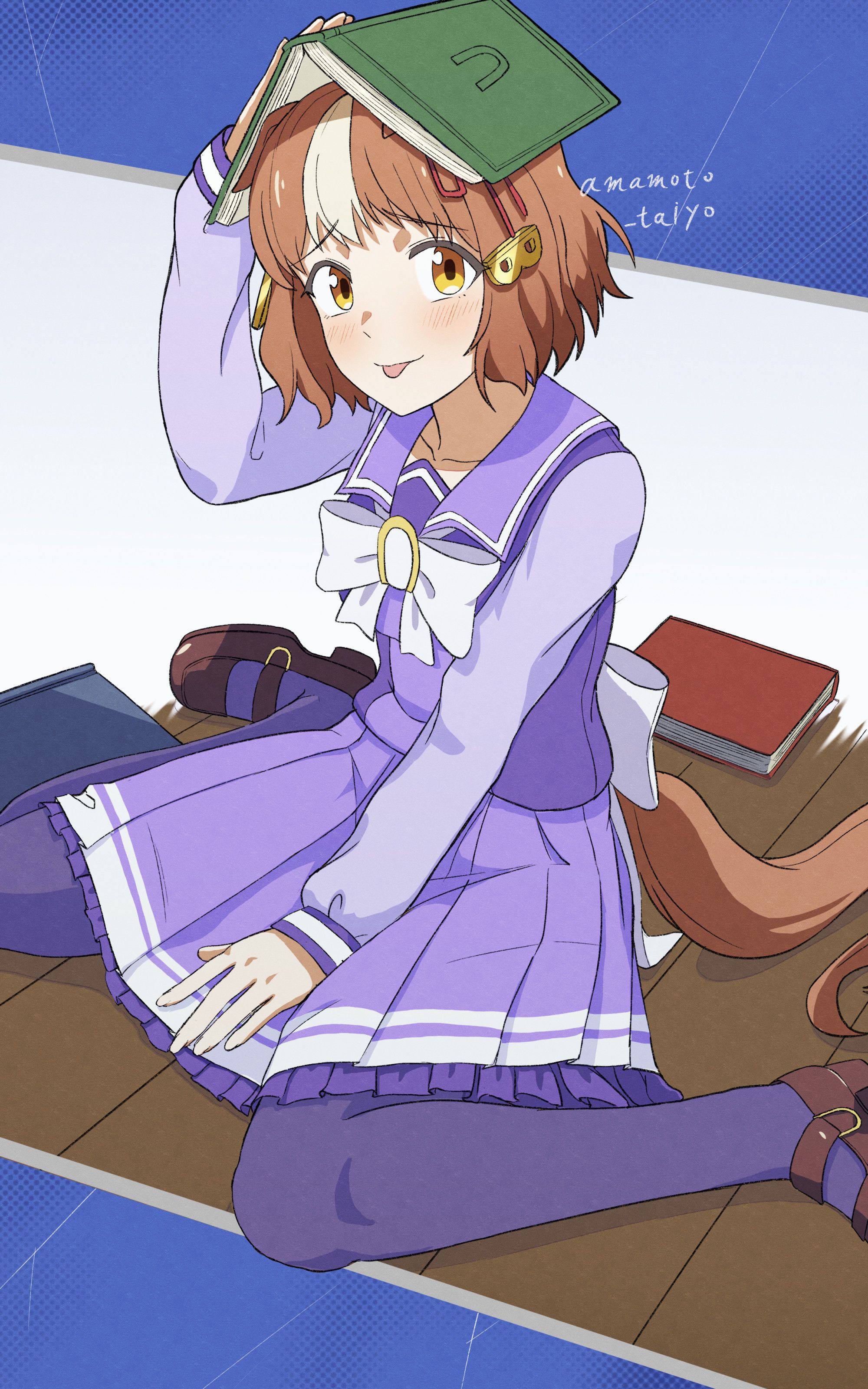 taishou (yzkt3453), belno light (umamusume), umamusume, umamusume: cinderella gray, absurdres, commentary request, highres, 1girl, animal ears, blush, book, bow, bowtie, breasts, brown hair, closed mouth, collarbone, ear ribbon, hair ornament, holding, holding book, horse ears, horse girl, horse tail, letter hair ornament, long sleeves, looking at viewer, multicolored hair, pleated skirt, purple sailor collar, purple serafuku, purple shirt, purple skirt, purple thighhighs, sailor collar, sailor shirt, school uniform, serafuku, shirt, short hair, sitting, skirt, smile, tail, thighhighs, tongue, tongue out, tracen school uniform, two-tone hair, wariza, white bow, white bowtie, white hair