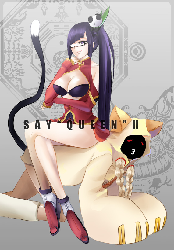 shui yituzi, shuiyituzi, lao jiu, litchi faye ling, taokaka, arc system works, blazblue, blazblue: calamity trigger, bad id, bad pixiv id, 2girls, black hair, braid, breasts, cleavage, glasses, large breasts, legs, long hair, multiple girls, panda, smile, tail, tan