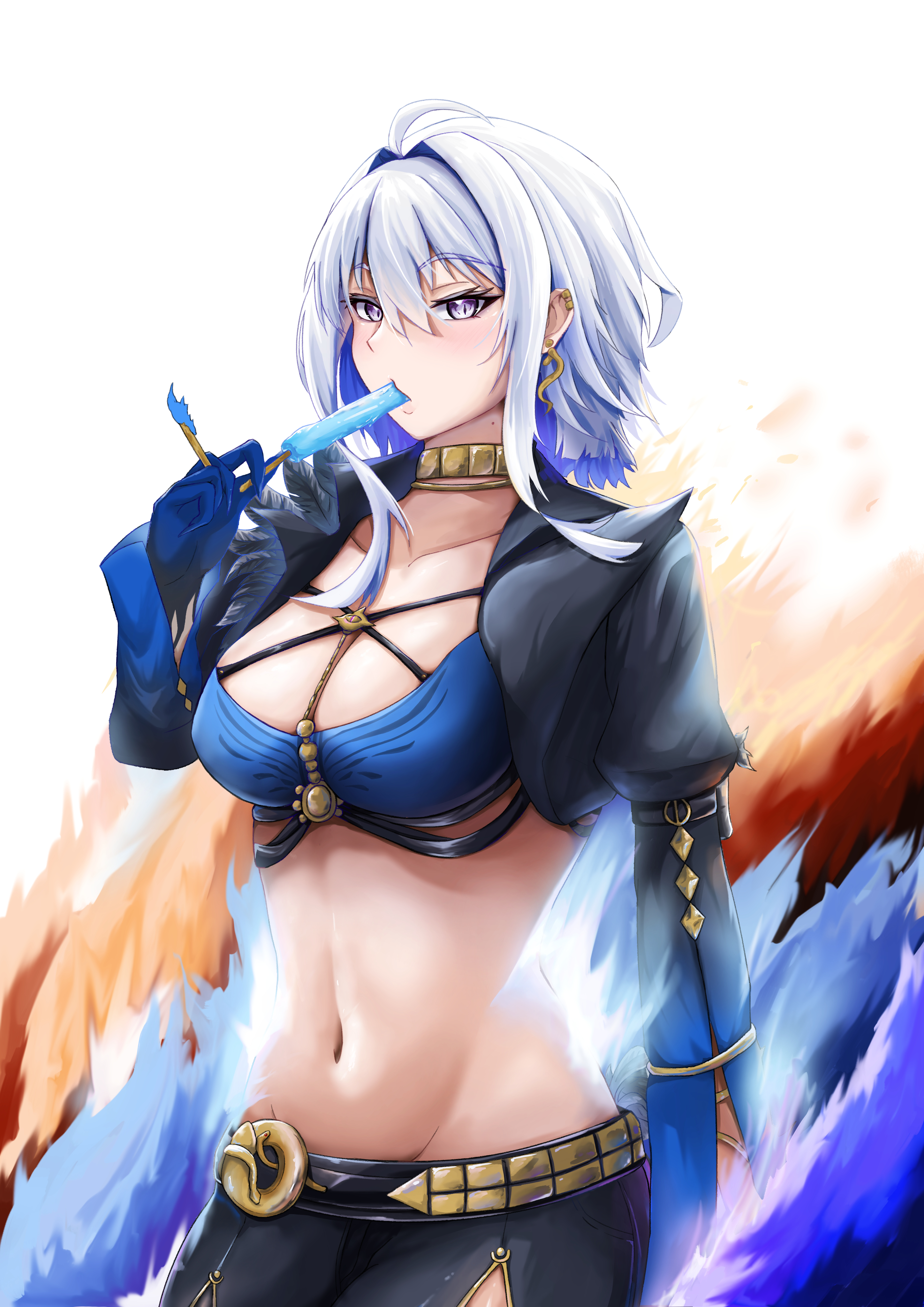 cwbimh, galbrena (wuthering waves), wuthering waves, absurdres, commentary, highres, 1girl, ahoge, bandeau, black jacket, black pantyhose, black shorts, blue bandeau, blue hair, blue hands, breasts, cleavage, collarbone, colored extremities, cowboy shot, cropped jacket, earclip, earrings, food, food in mouth, gold choker, grey hair, groin, hair between eyes, holding, holding food, holding popsicle, jacket, jewelry, long sleeves, looking at viewer, medium breasts, medium hair, midriff, mole, mole on neck, multicolored hair, navel, open clothes, open jacket, pantyhose, popsicle, popsicle in mouth, puffy long sleeves, puffy sleeves, purple eyes, short shorts, shorts, sidelocks, single leg pantyhose, solo, standing, two-tone hair