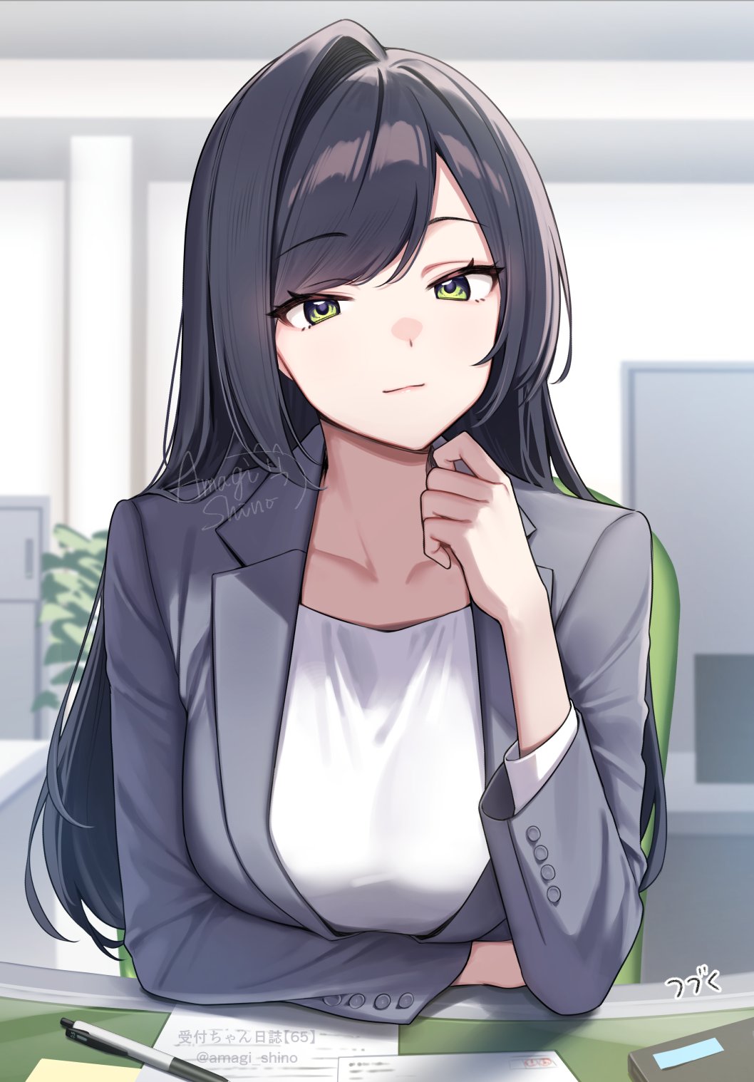 amagi shino, original, commentary request, highres, 1girl, black hair, breasts, closed mouth, collarbone, desk, formal clothes, green eyes, grey jacket, indoors, jacket, large breasts, long hair, long sleeves, looking at viewer, office lady, paper, pen, plant, potted plant, shirt, sitting, solo, suit, upper body, white shirt