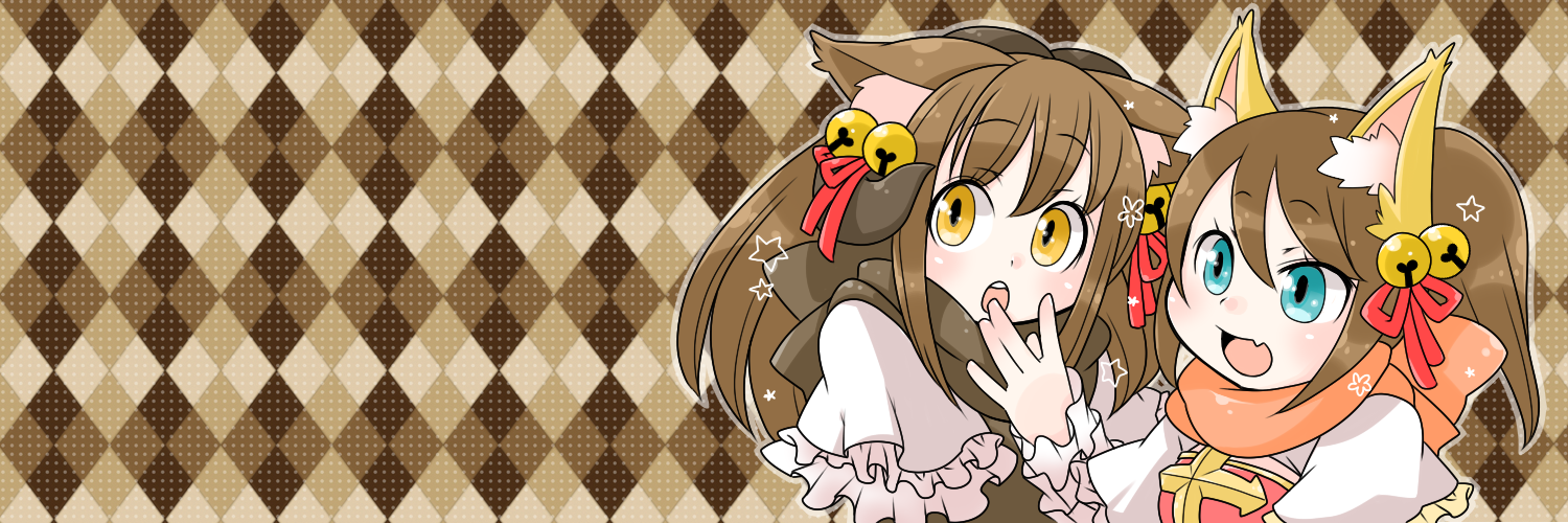 arch bishop (ragnarok online), ragnarok online, commentary request, 2girls, animal ears, bell, blue eyes, blush, brown hair, checkered background, dress, fang, fox ears, fox girl, frilled dress, frills, hair bell, hair ornament, hair ribbon, high ponytail, jingle bell, long hair, looking at viewer, multiple girls, oekakipikki, official alternate costume, oirat, open mouth, ponytail, red dress, red ribbon, ribbon, skin fang, smile, upper body, white dress, yellow eyes
