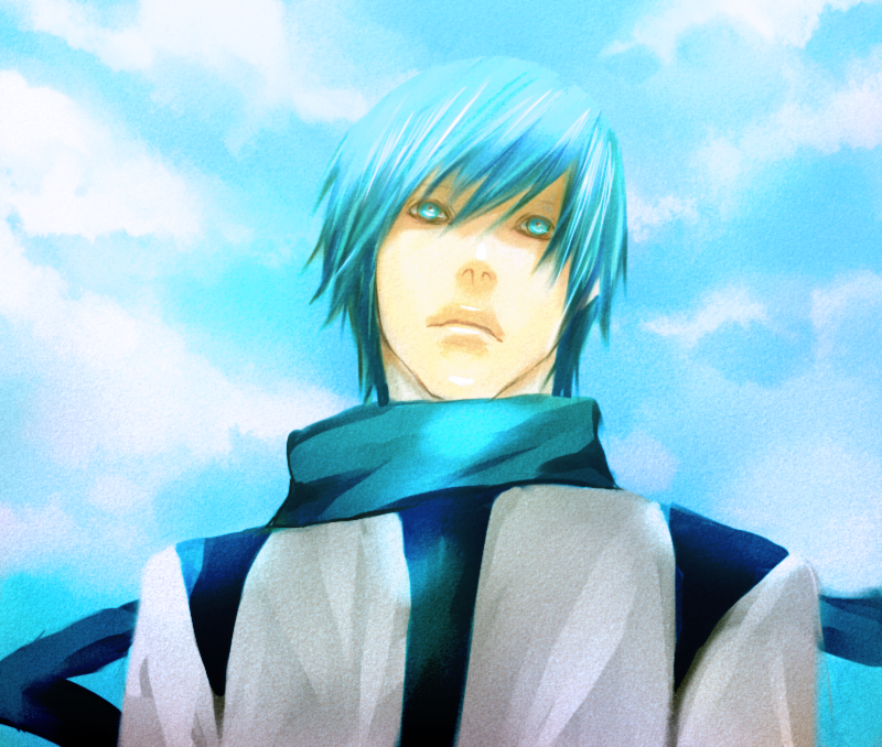 maona0813, kaito (vocaloid), vocaloid, 1boy, blue eyes, blue hair, day, male focus, matching hair/eyes, outdoors, scarf, short hair, sky, solo