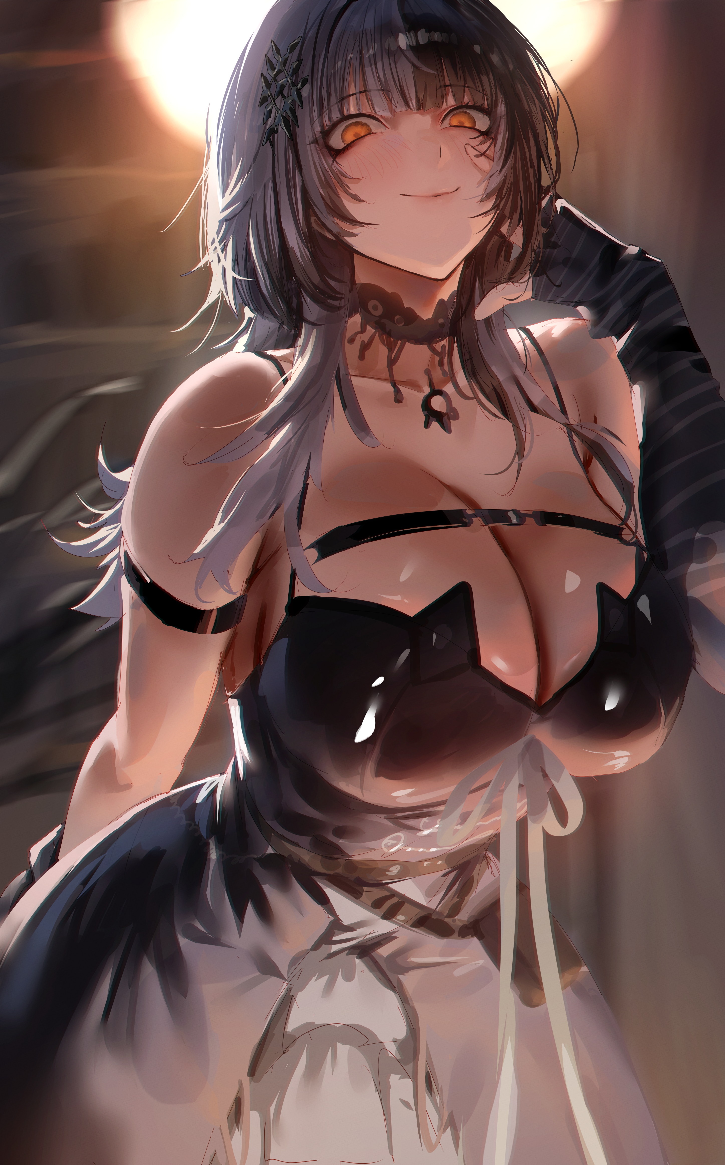 rororo, shiori novella, hololive, hololive english, absurdres, highres, 1girl, arm strap, bare shoulders, black dress, black hair, blush, breasts, closed mouth, dress, hair ornament, hand up, large breasts, long sleeves, looking at viewer, multicolored hair, orange eyes, solo, two-tone hair, virtual youtuber, white hair