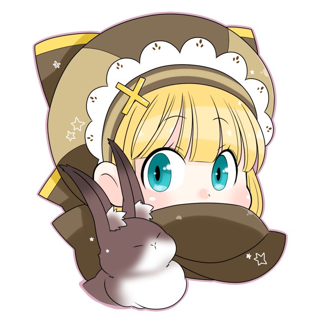 arch bishop (ragnarok online), ragnarok online, commentary request, 1girl, blonde hair, blue eyes, blunt bangs, blush, brown hat, brown scarf, covered mouth, hat, looking at viewer, oekakipikki, portrait, rabbit, scarf, simple background, solo, white background