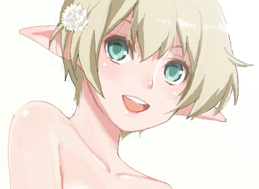 mattaku mousuke, original, blonde hair, blue eyes, blush, collarbone, green eyes, happy, oekaki, open mouth, pointy ears, short hair, solo