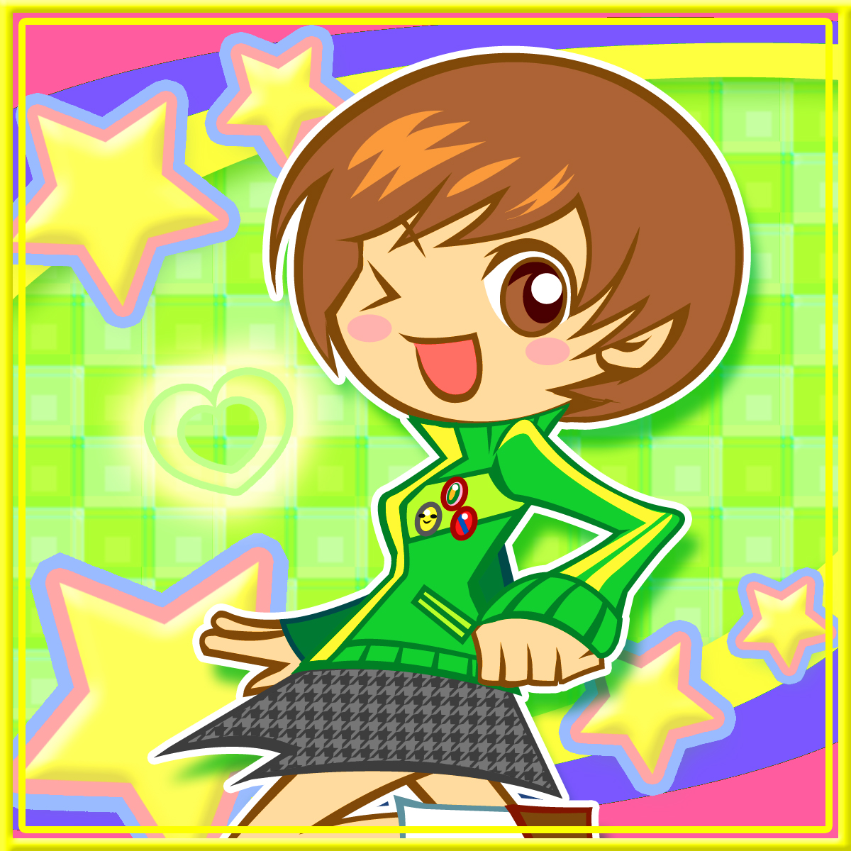 chinchikooru (pixiv), satonaka chie, atlus, persona, persona 4, highres, black hair, brown eyes, chibi, jacket, one eye closed, short hair, skirt, solo, tomboy, unmoving pattern, wink