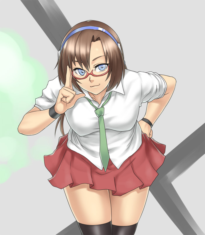 houtengeki, makinami mari illustrious, neon genesis evangelion, rebuild of evangelion, 00s, 1girl, :3, blue eyes, breasts, brown hair, female focus, glasses, hairband, necktie, pleated skirt, school uniform, skirt, smile, solo, thighhighs, zettai ryouiki