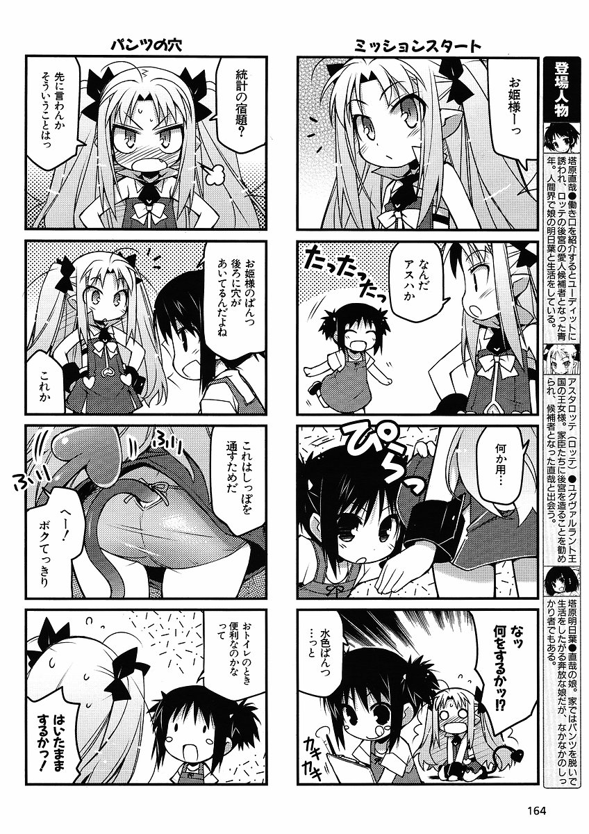 haga yui, astarotte ygvar, touhara asuha, lotte no omocha!, highres, translated, 4koma, ass, blush, child, clothes lift, comic, greyscale, long hair, monochrome, multiple 4koma, panties, short hair, skirt, skirt lift, tail, underwear