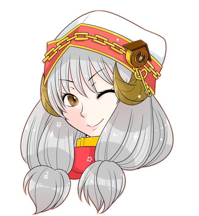 rune knight (ragnarok online), ragnarok online, commentary request, 1girl, brown eyes, brown horns, chain, clock hat ornament, closed mouth, curled horns, grey hair, hat, hat ornament, horns, long hair, looking at viewer, oekakipikki, one eye closed, portrait, simple background, smile, solo, white background, white hat