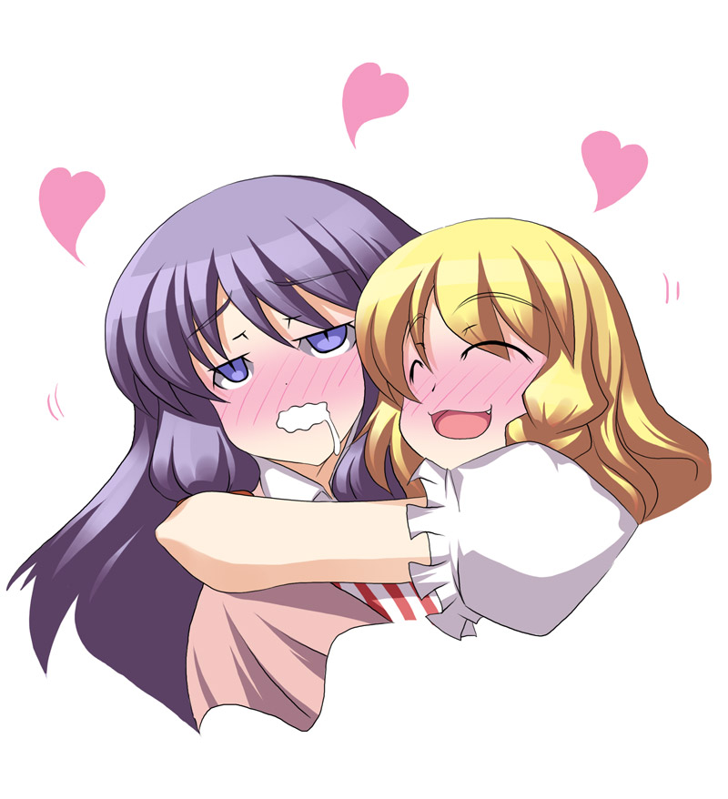 kotepo, kirisame marisa, patchouli knowledge, touhou, 2girls, blonde hair, blush, braid, closed eyes, female focus, heart, hug, long hair, multiple girls, no headwear, purple eyes, purple hair, saliva