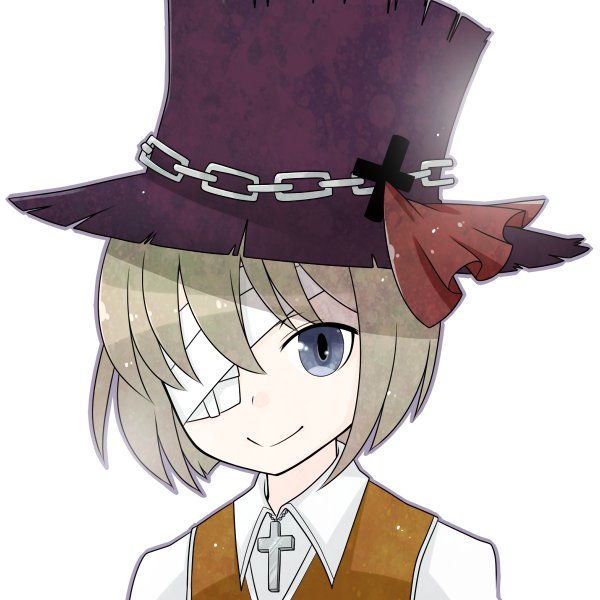 clown (ragnarok online), ragnarok online, commentary request, 1boy, brown vest, chain, closed mouth, collared shirt, cross, eyepatch, grey eyes, grey hair, hat, looking at viewer, male focus, medical eyepatch, oekakipikki, portrait, purple hat, shirt, simple background, smile, solo, top hat, vest, white background, white shirt