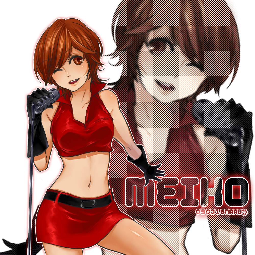 meiko (vocaloid), vocaloid, 1girl, belt, breasts, brown eyes, brown hair, female focus, gloves, medium breasts, microphone, microphone stand, music, one eye closed, short hair, skirt, solo, white background, wink, zoom layer