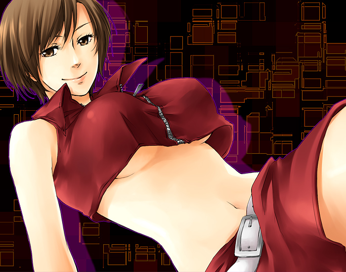 meiko (vocaloid), vocaloid, 1girl, belt, breasts, brown hair, female focus, large breasts, short hair, skirt, smile, solo, underboob