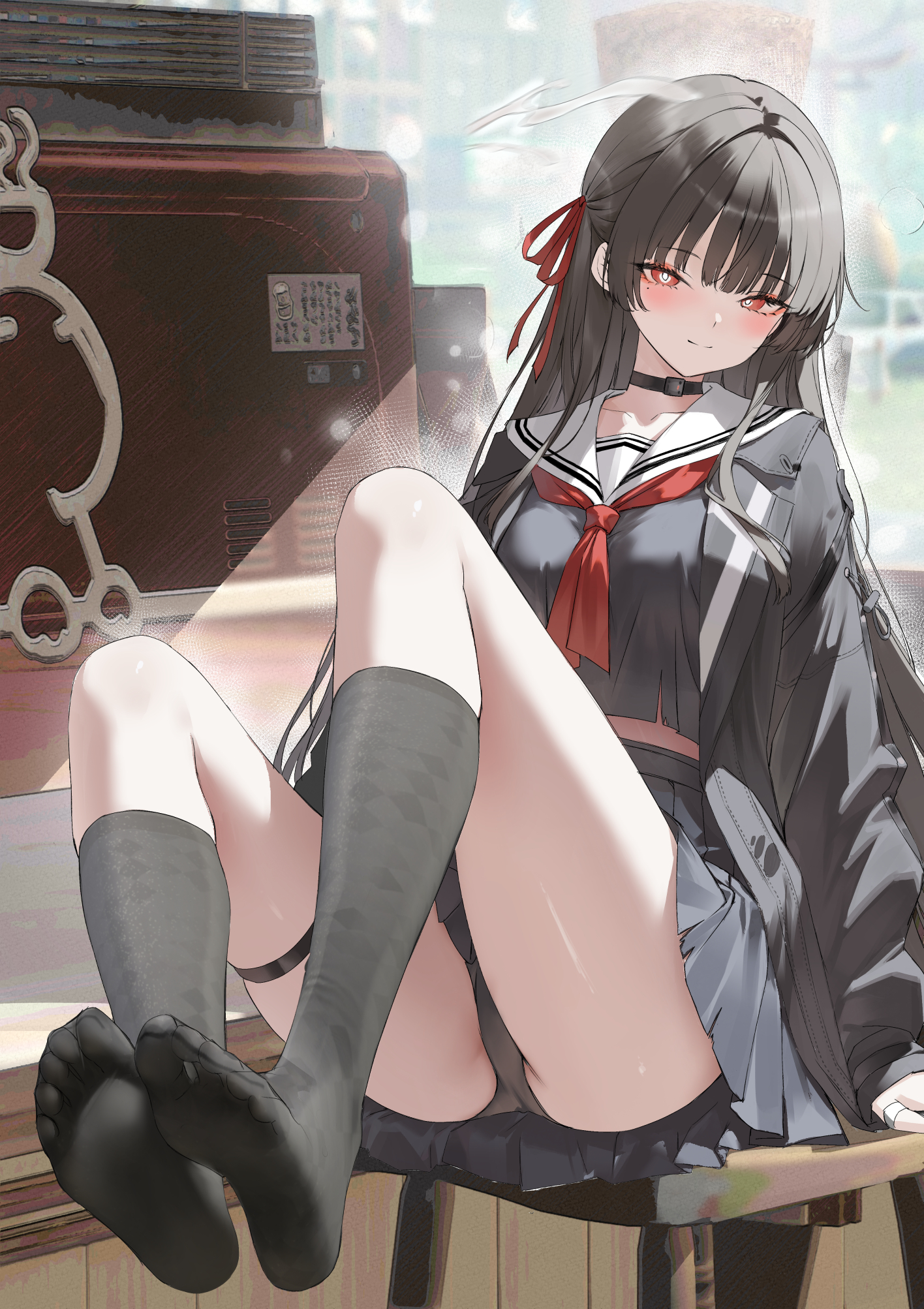 haku89, chisa (wuthering waves), wuthering waves, chinese commentary, commentary request, highres, unfinished, 1girl, artistic error, black choker, black hair, black jacket, black panties, black shirt, black skirt, black socks, blush, breasts, bright pupils, choker, closed mouth, crop top, cum, hair ribbon, jacket, long hair, long sleeves, looking at viewer, medium breasts, mole, mole under eye, naughty face, neckerchief, panties, red eyes, red neckerchief, red ribbon, ribbon, sailor collar, shirt, sitting, skirt, smile, socks, solo, thigh strap, thighs, toes, underwear, white pupils, white sailor collar