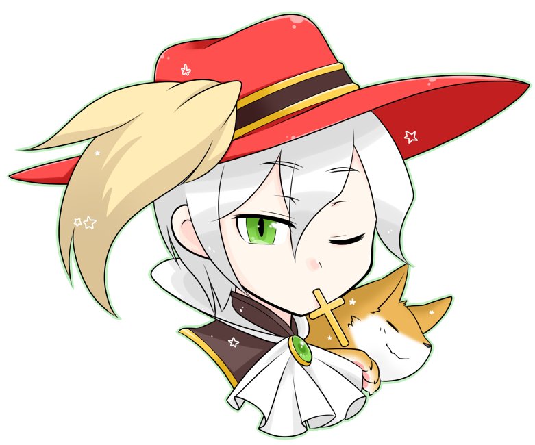 minstrel (ragnarok online), ragnarok online, commentary request, 1boy, ascot, closed mouth, cross, fox, green eyes, grey hair, hair between eyes, hat, looking at viewer, male focus, oekakipikki, one eye closed, plume, portrait, red hat, short hair, simple background, solo, white ascot, white background
