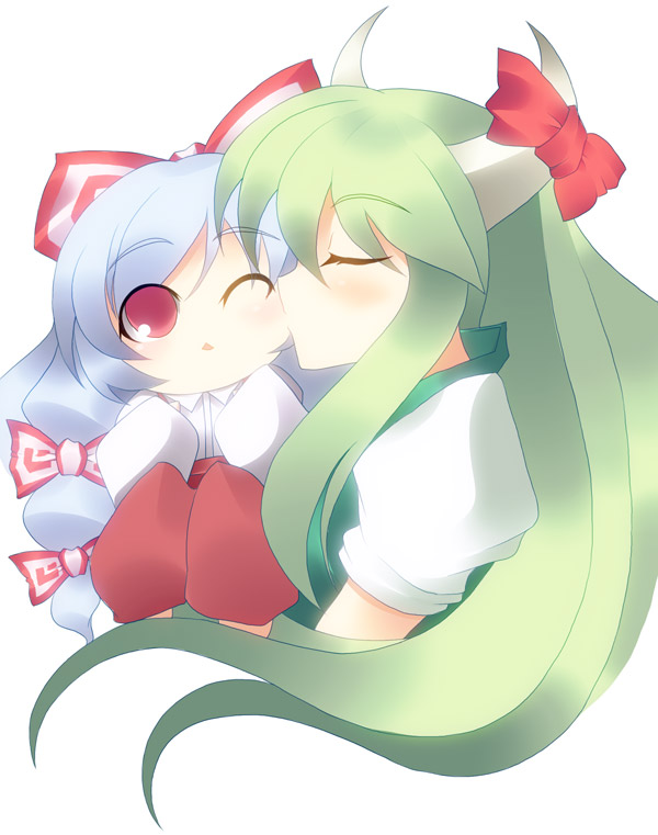 kotepo, ex-keine, fujiwara no mokou, kamishirasawa keine, touhou, silver hair, 2girls, chibi, closed eyes, female focus, green hair, hair ribbon, horns, kiss, kissing cheek, long hair, multiple girls, red eyes, ribbon, upper body, yuri