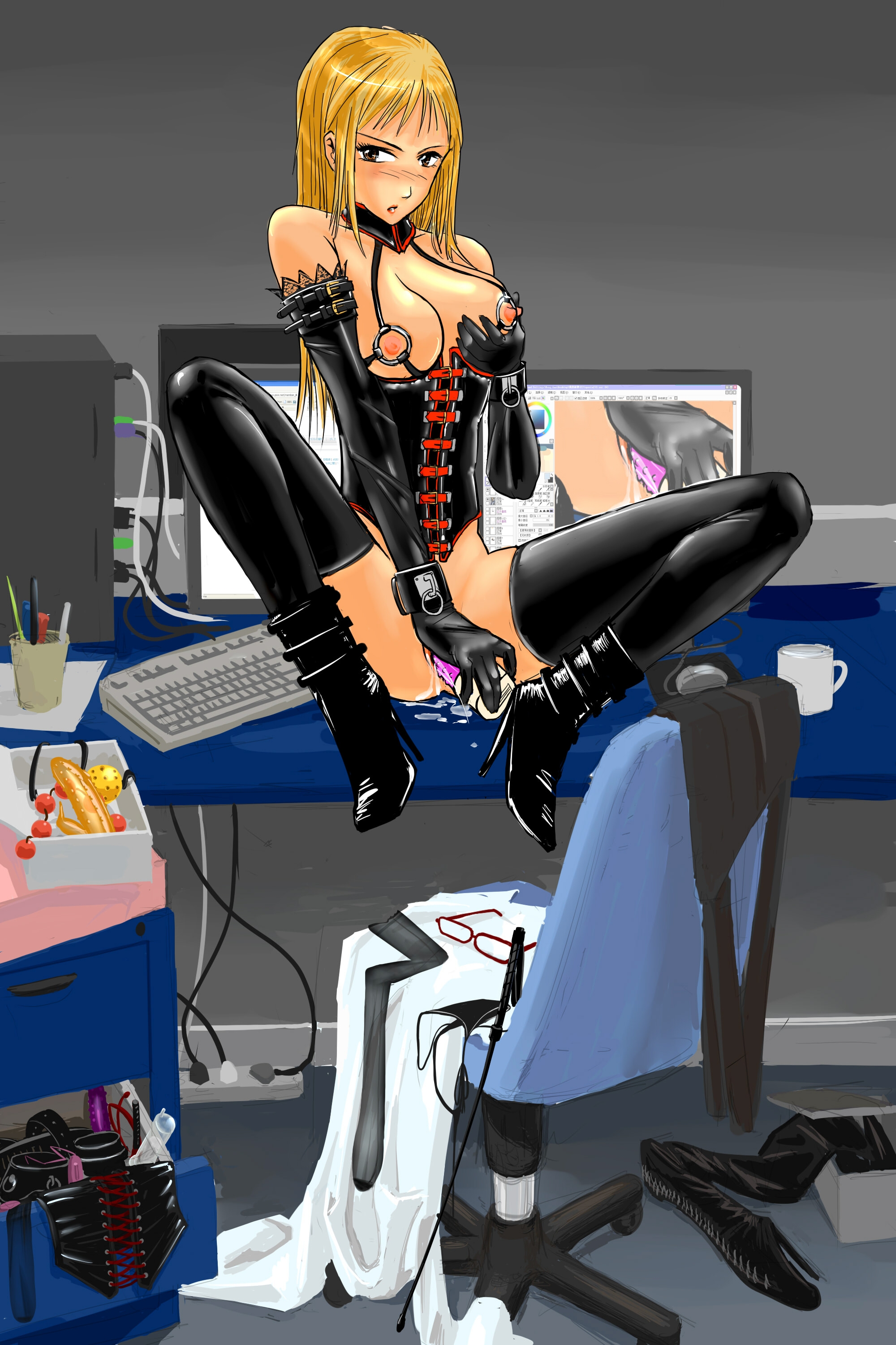 sunriseblue, painttool sai, absurdres, highres, 1girl, anal beads, ball gag, bdsm, blonde hair, blush, boots, breasts, brown eyes, collar, computer, computer keyboard, corset, dildo, elbow gloves, female focus, female masturbation, gag, glasses, gloves, grabbing another's breast, groping, high heels, lace, large breasts, latex, latex gloves, looking at viewer, masturbation, nipples, riding crop, sex toy, shoes, sitting, solo, string, thighhighs, vibrator, wrist cuffs