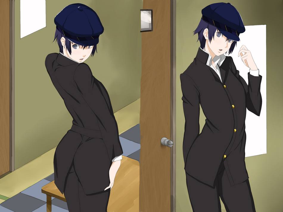 cottage, shirogane naoto, atlus, persona, persona 4, 1girl, androgynous, ass, blue eyes, blue hair, female focus, hat, jacket, newsboy cap, pants, reverse trap, short hair, solo