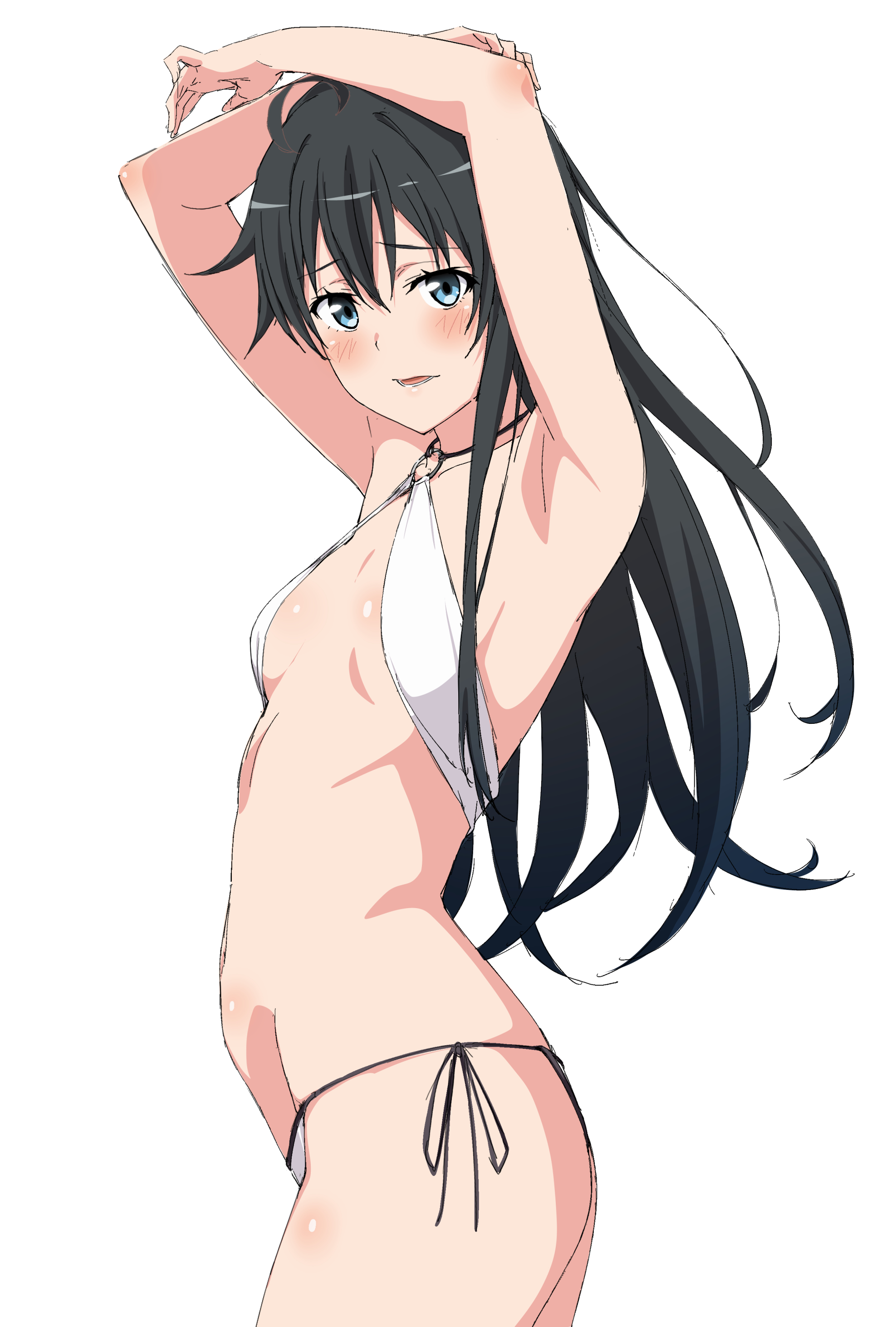 shou937, yukinoshita yukino, yahari ore no seishun lovecome wa machigatteiru., absurdres, commentary request, highres, 1girl, arms up, bikini, black hair, blue eyes, breasts, small breasts, solo, swimsuit