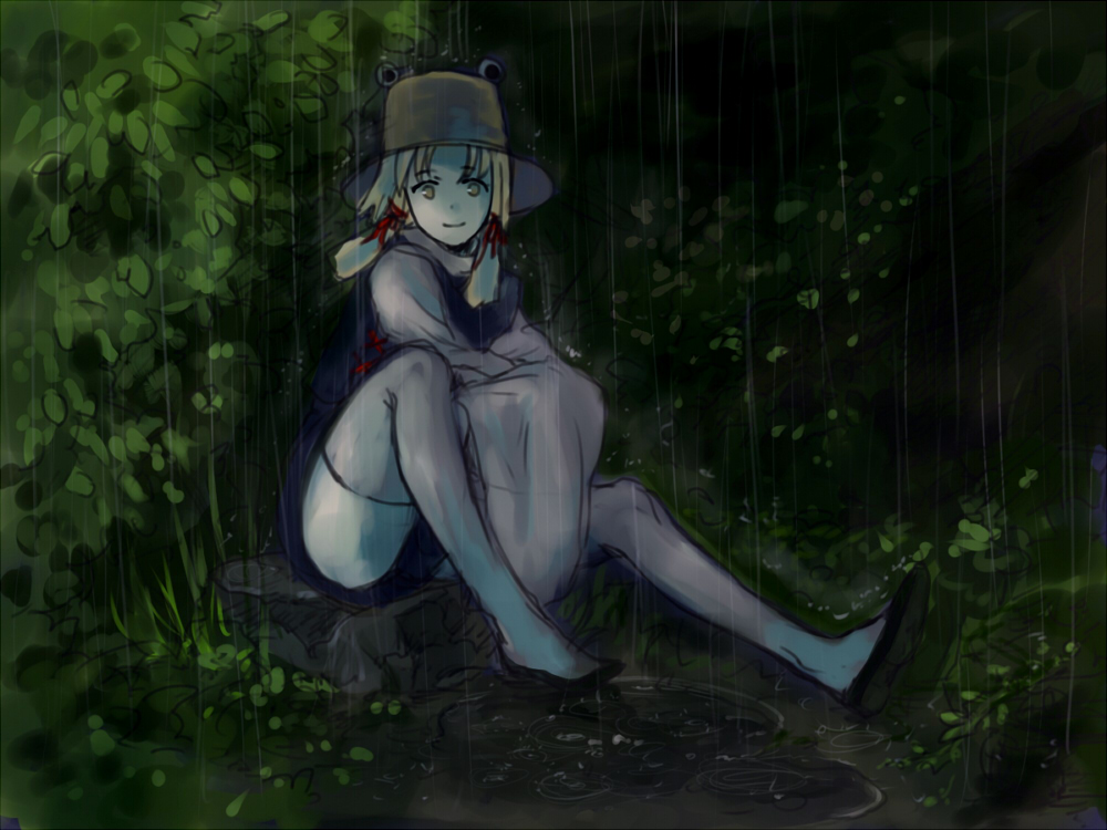 minase (mmakina), moriya suwako, touhou, bad id, bad pixiv id, 1girl, bad anatomy, bad proportions, blonde hair, dark, female focus, hat, looking at viewer, nature, poorly drawn, rain, ripples, short hair, sitting, smile, solo, thighhighs, yellow eyes