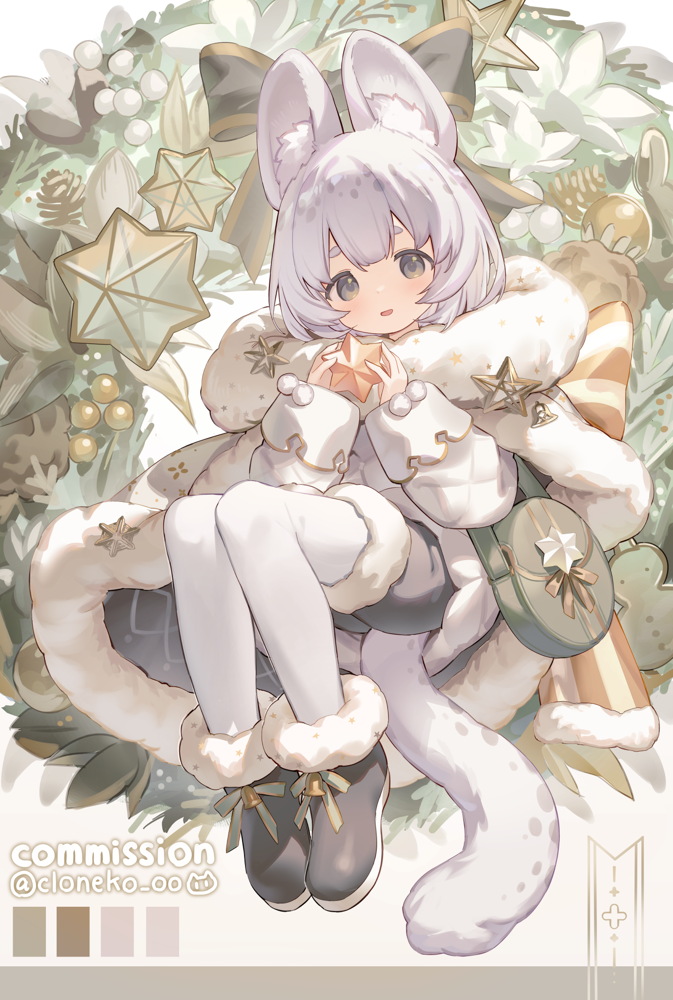 cloneko (zelmeledf2), vrchat, commentary request, commission, highres, skeb commission, 1girl, animal ears, artist name, black boots, black eyes, black shorts, boots, color guide, fur-trimmed shorts, fur boots, fur trim, grey eyes, holding, long sleeves, looking at viewer, open mouth, pantyhose, short hair, shorts, six pointed star, snow leopard ears, snow leopard girl, snow leopard tail, solo, tail, twitter username, white hair, white pantyhose