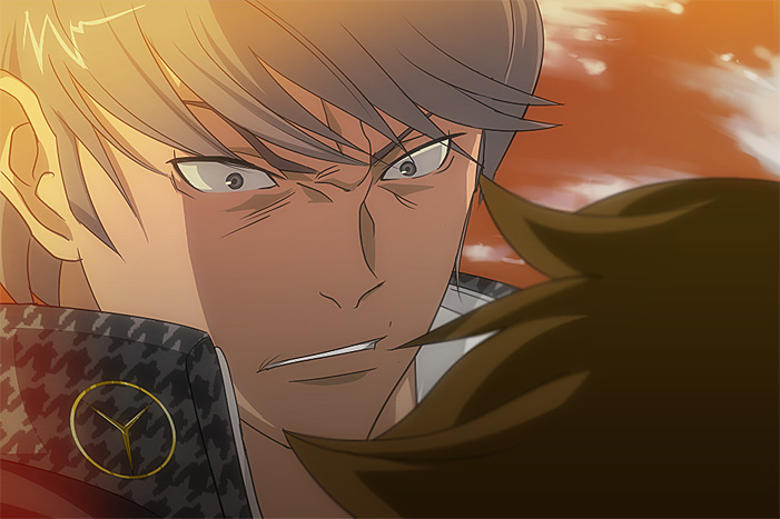 xcurtanax, hanamura yousuke, holland novak, narukami yu, atlus, eureka seven, eureka seven (series), persona, persona 4, silver hair, bad id, bad pixiv id, 2boys, collar, meme, multiple boys, neta, nijiura 7 (meme), orange sky, parody, parted lips, sky, upper body, wide-eyed