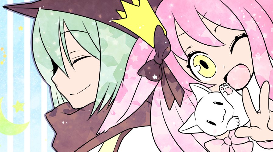 arch bishop (ragnarok online), wanderer (ragnarok online), ragnarok online, commentary request, 1boy, 1girl, :d, blue background, brown hat, brown scarf, cat, closed eyes, closed mouth, crown, green hair, hat, long hair, looking at viewer, mini crown, oekakipikki, one eye closed, open mouth, pink hair, scarf, short hair, smile, upper body, white cat, yellow eyes