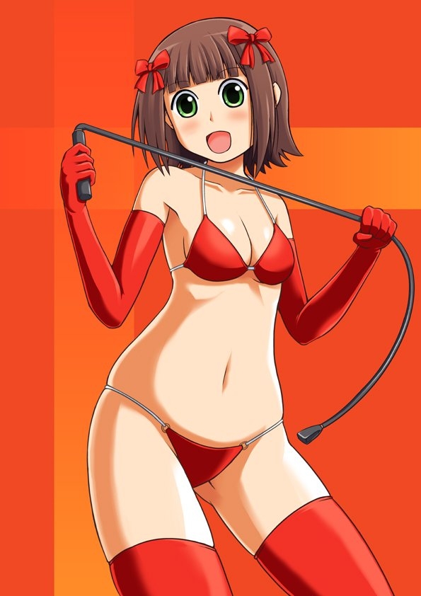 1girl, blush, bow, bra, breasts, brown hair, elbow gloves, female focus, femdom, gloves, green eyes, happy, latex, latex gloves, lingerie, navel, panties, small breasts, smile, solo, standing, string, thighhighs, underwear, whip