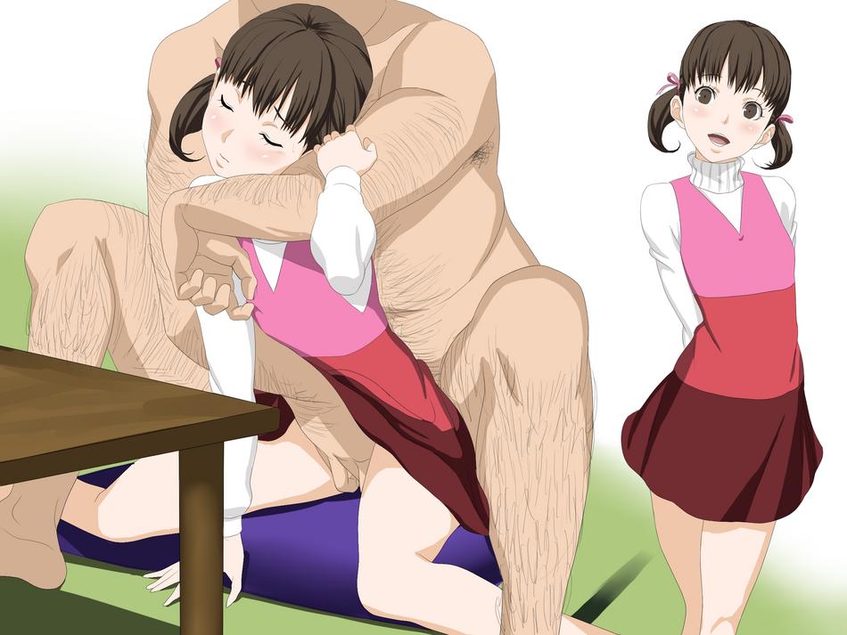 cottage, doujima nanako, atlus, persona, persona 4, 1boy, 1girl, age difference, armpit hair, arms behind back, barefoot, blush, brown eyes, brown hair, closed eyes, clothed female nude male, clothes lift, dress, facing viewer, fat, fat man, feet out of frame, fingering, flat chest, groping, head out of frame, hetero, indoors, loli, looking at viewer, nipple stimulation, nipple tweak, nipples, nude, reach-around, sitting, skirt, skirt lift, smile, standing, sweater, table, tatami, turtleneck, turtleneck sweater, twintails, wariza, white sweater