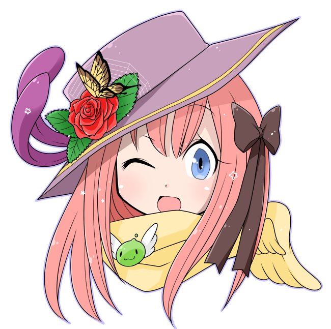 arch bishop (ragnarok online), poporing, ragnarok online, commentary request, 1girl, :d, blue eyes, blush, bow, brooch, brown bow, bug, butterfly, flower, hair bow, hat, hat flower, insect, jewelry, long hair, looking at viewer, oekakipikki, one eye closed, open mouth, pink hair, portrait, purple hat, red flower, red rose, rose, scarf, simple background, smile, solo, white background, yellow butterfly, yellow scarf
