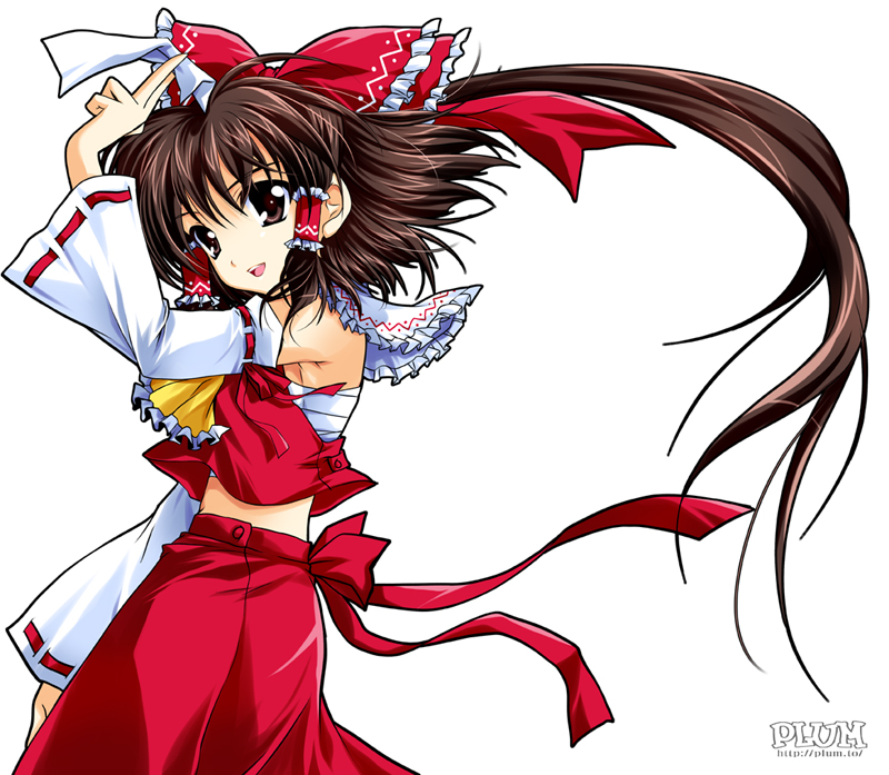 kanna (plum), hakurei reimu, touhou, md5 mismatch, resolution mismatch, source smaller, 1girl, bow, brown eyes, brown hair, detached sleeves, female focus, japanese clothes, miko, sarashi, short hair, solo