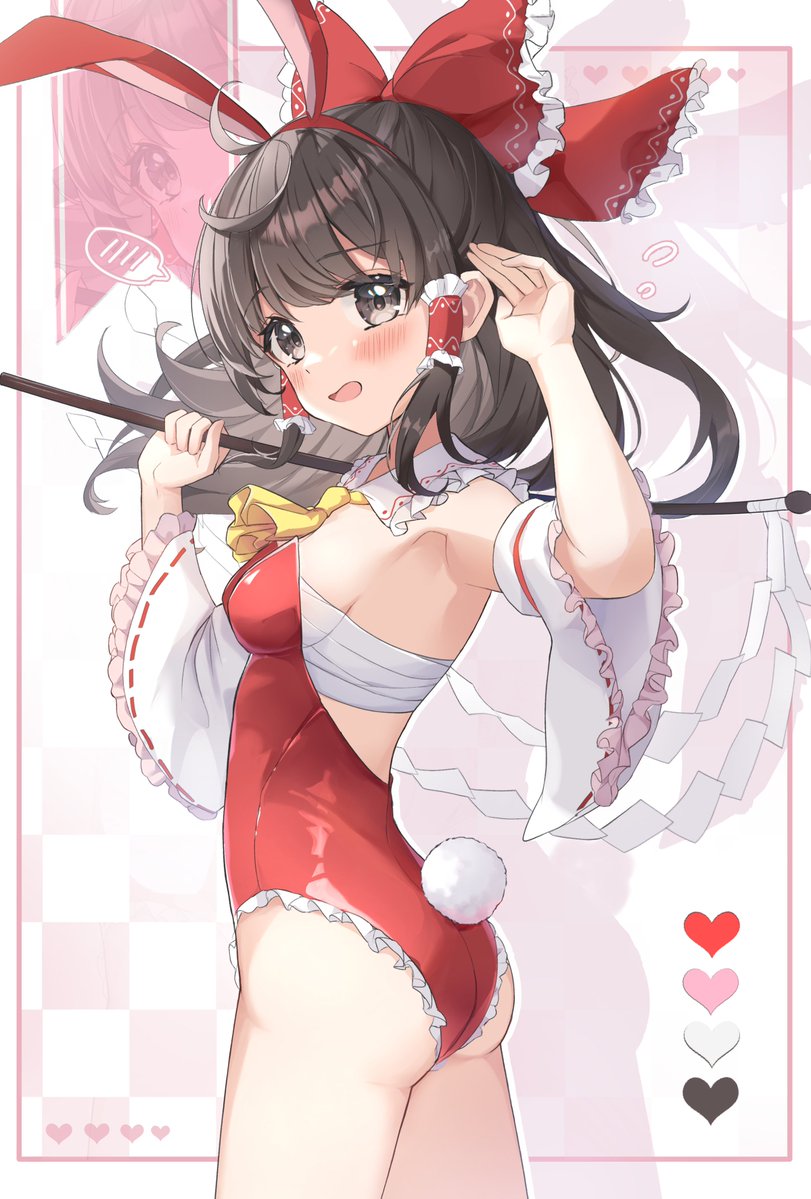 wheat retzel, hakurei reimu, touhou, commentary request, 1girl, animal ears, armpits, arms up, ascot, ass, black eyes, black hair, blush, bow, breasts, checkered background, chest sarashi, collar, cowboy shot, detached collar, detached sleeves, fake animal ears, fake tail, frilled collar, frilled hair tubes, frilled leotard, frills, from side, gohei, hair bow, hair tubes, half updo, heart, holding, holding gohei, inset border, leotard, long hair, long sleeves, looking at viewer, open mouth, playboy bunny, rabbit ears, rabbit tail, red bow, red leotard, sarashi, shadow, small breasts, solo, spoken blush, standing, tail, turning head, white collar, white sleeves, wide sleeves, yellow ascot, zoom layer