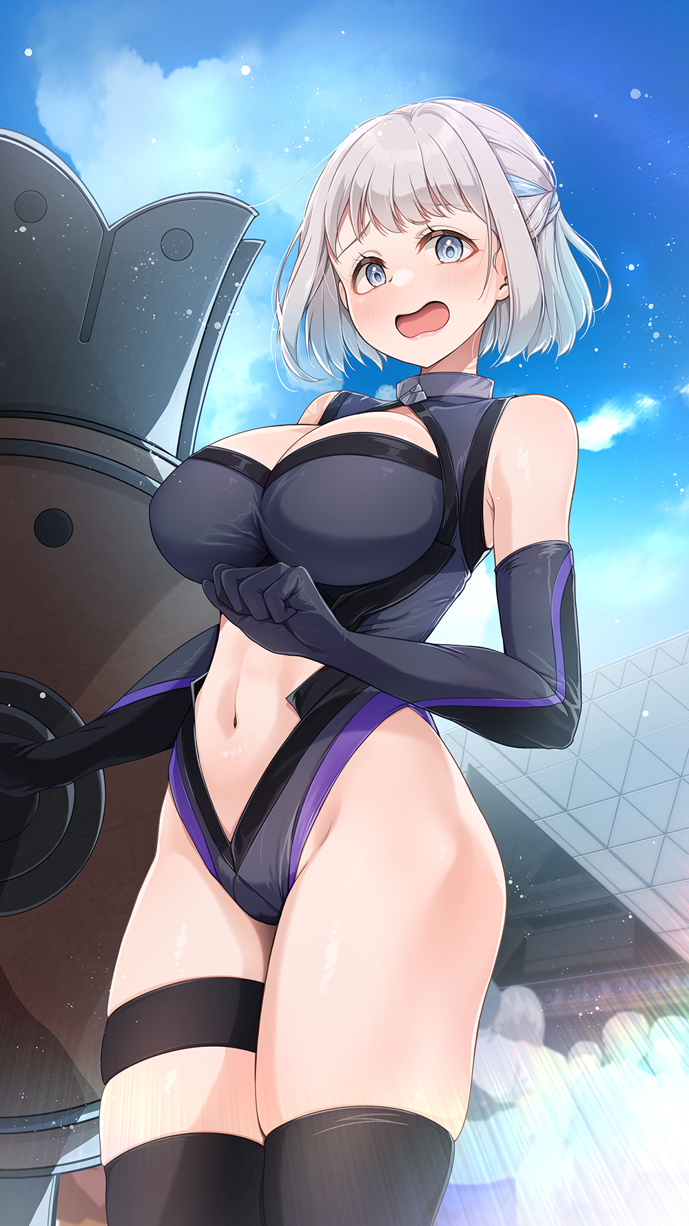 mk (mod0), katsuragi lilja, mash kyrielight, gakuen idolmaster, idolmaster, tokyo big sight, commentary request, highres, 1girl, black bodysuit, black gloves, black thighhighs, blue eyes, blue sky, blush, bodysuit, breasts, cleavage, clothing cutout, cosplay, day, elbow gloves, embarrassed, gloves, grey hair, large breasts, looking at viewer, navel cutout, open mouth, outdoors, short hair, sky, solo, standing, thigh strap, thighhighs, thighs, wavy mouth