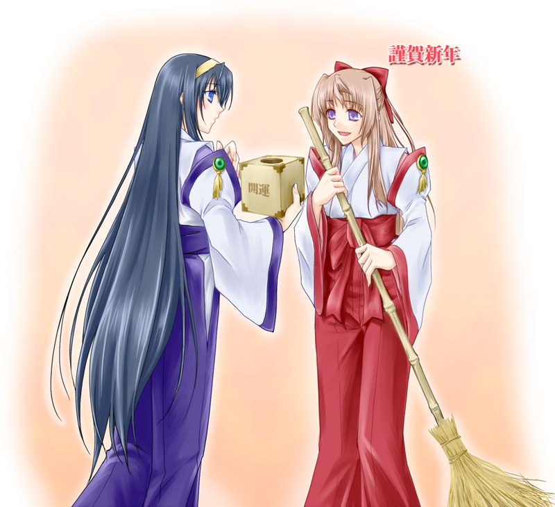 fervent idiot, himemiya chikane, kurusugawa himeko, kannazuki no miko, 00s, 2girls, blonde hair, blue eyes, blue hair, blush, box, broom, hair ribbon, hairband, half updo, japanese clothes, long hair, miko, multiple girls, open mouth, purple eyes, ribbon, smile