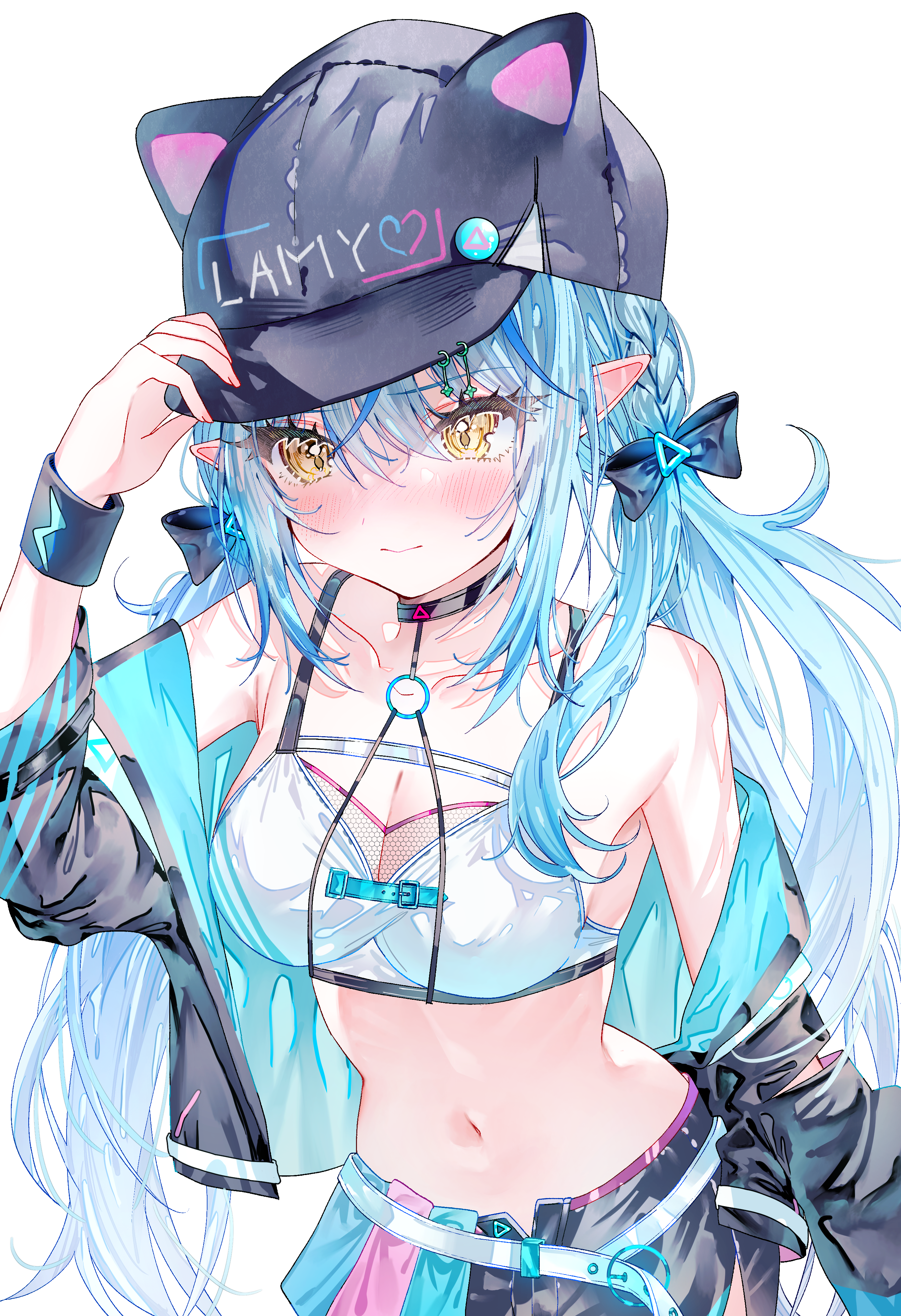 wasemkn, yukihana lamy, yukihana lamy (cyber), hololive, absurdres, commentary request, highres, 1girl, animal hat, asymmetrical legwear, belt, black choker, black hat, black jacket, black shorts, blue hair, braid, breasts, cat hat, choker, cleavage, closed mouth, collarbone, double-parted bangs, elf, hair between eyes, hat, jacket, large breasts, long hair, long sleeves, looking at viewer, low twintails, navel, official alternate costume, open clothes, open jacket, pointy ears, short shorts, shorts, side braids, simple background, solo, stomach, thigh strap, thighs, twintails, uneven legwear, very long hair, virtual youtuber, white background, white belt, wide sleeves, yellow eyes