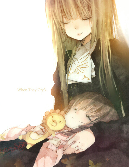 heca, sakutarou (umineko), ushiromiya maria, ushiromiya rosa, umineko no naku koro ni, 00s, 2girls, closed eyes, hime cut, long hair, mother and daughter, multiple girls, stuffed animal, stuffed lion, stuffed toy