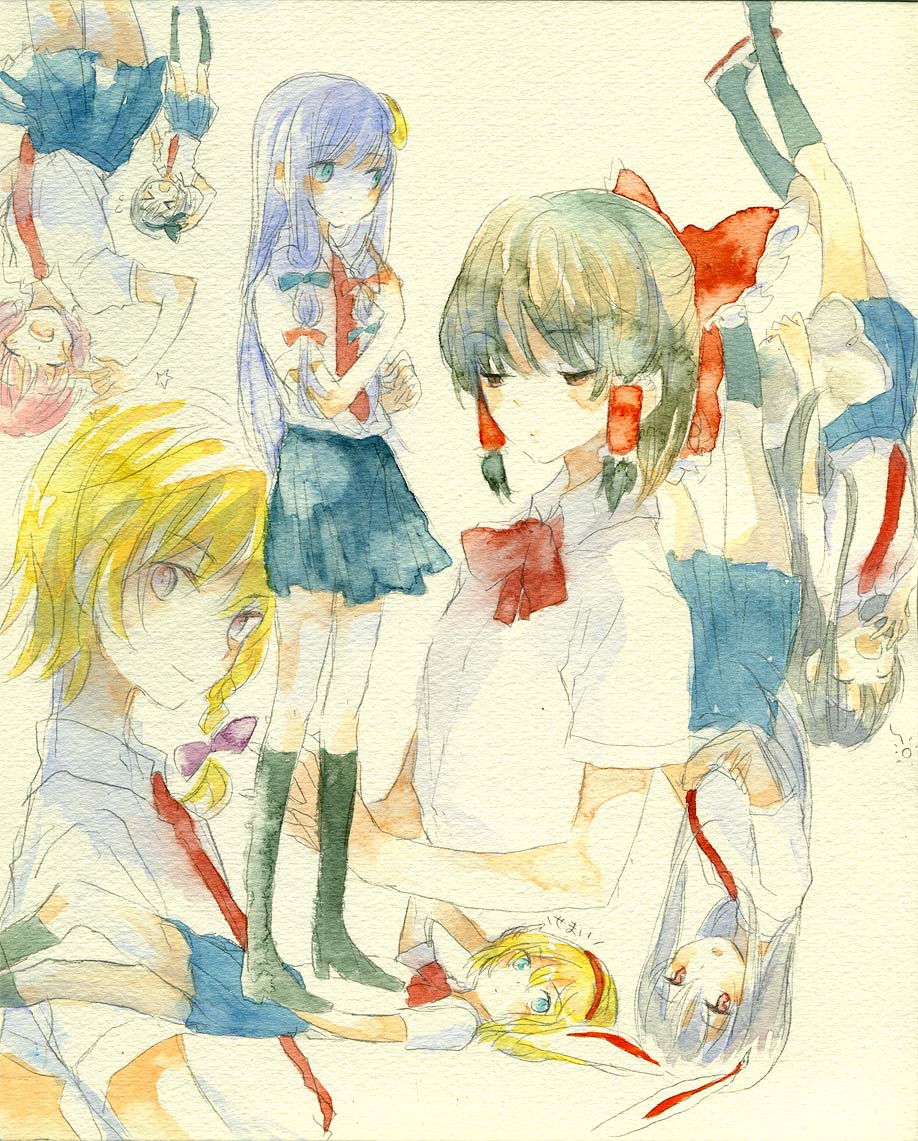 sugi, alice margatroid, hakurei reimu, houraisan kaguya, kirisame marisa, konpaku youmu, patchouli knowledge, reisen udongein inaba, saigyouji yuyuko, touhou, silver hair, bad id, bad pixiv id, painting (medium), traditional media, watercolor (medium), > <, 6+girls, alternate costume, animal ears, black hair, blonde hair, blue eyes, braid, closed eyes, female focus, hair ribbon, hairband, long hair, multiple girls, necktie, pillow, pink hair, purple hair, rabbit ears, ribbon, school uniform, short hair, sketch, sleepy