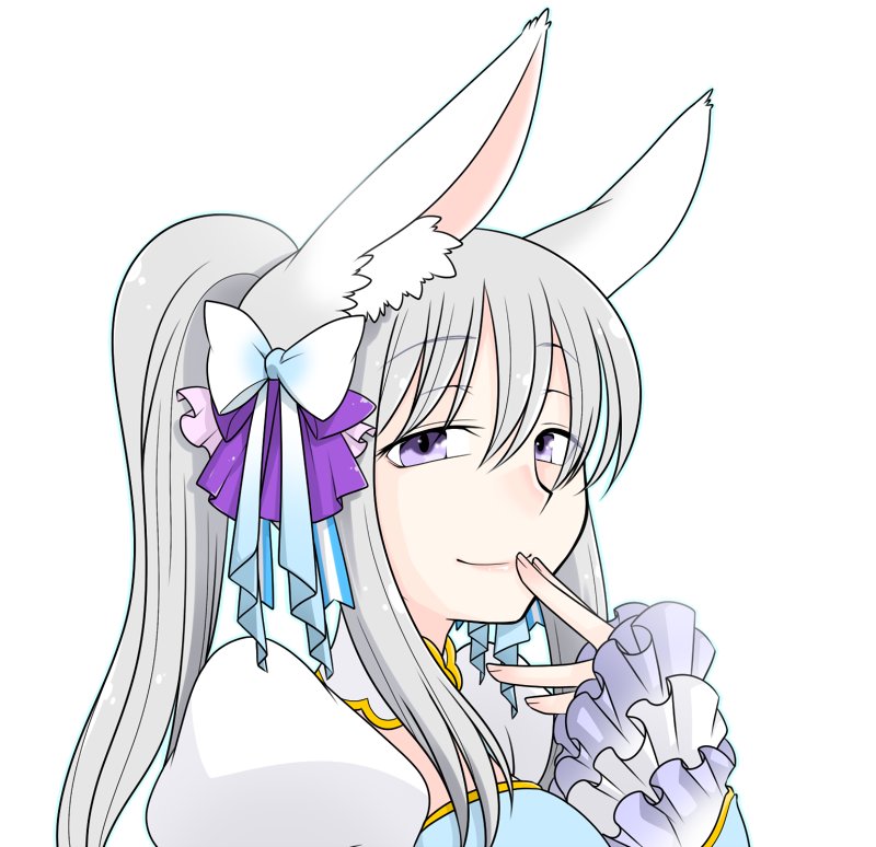 arch bishop (ragnarok online), ragnarok online, commentary request, 1girl, animal ear fluff, animal ears, blue dress, bow, closed mouth, dress, frilled sleeves, frills, hair bow, hand to own mouth, high ponytail, long hair, looking at viewer, oekakipikki, official alternate costume, ponytail, purple bow, purple eyes, rabbit ears, rabbit girl, simple background, smile, solo, two-tone dress, upper body, white background, white bow, white dress