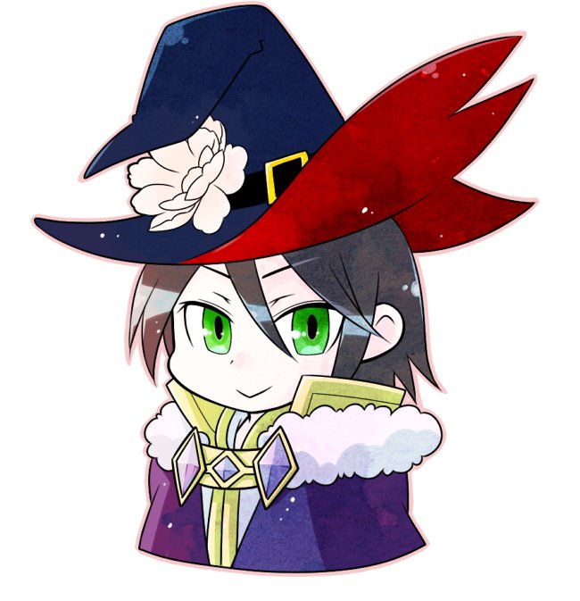warlock (ragnarok online), ragnarok online, commentary request, 1boy, black hair, blue hat, cape, closed mouth, fur-trimmed cape, fur trim, green eyes, hair between eyes, hat, looking at viewer, male focus, oekakipikki, official alternate costume, purple cape, shirt, short hair, simple background, smile, solo, upper body, white background, white shirt, witch hat