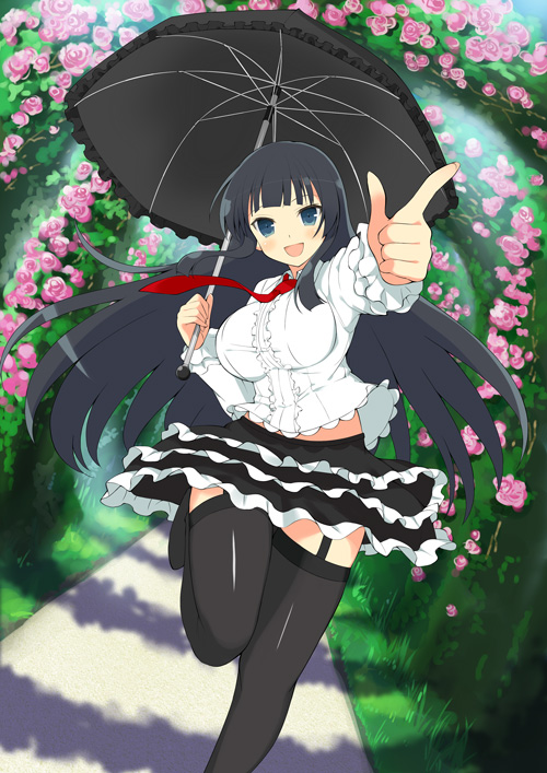 ikaruga (senran kagura), senran kagura, senran kagura new wave, senran kagura shoujo-tachi no shin'ei, official art, 1girl, :d, arch, black garter straps, black hair, black skirt, black thighhighs, black umbrella, blue eyes, blunt bangs, blunt sidelocks, blush, breasts, center frills, flower, frilled shirt, frilled skirt, frilled umbrella, frills, garter straps, gothic lolita, grass, hime cut, holding, holding umbrella, large breasts, lolita fashion, long hair, long sleeves, looking at viewer, midriff peek, necktie, open mouth, pink flower, pink rose, plant, pointing, pointing at viewer, red necktie, rose, shirt, sidelocks, sidewalk, skirt, smile, solo, thighhighs, two-tone skirt, umbrella, very long hair, white shirt, white skirt