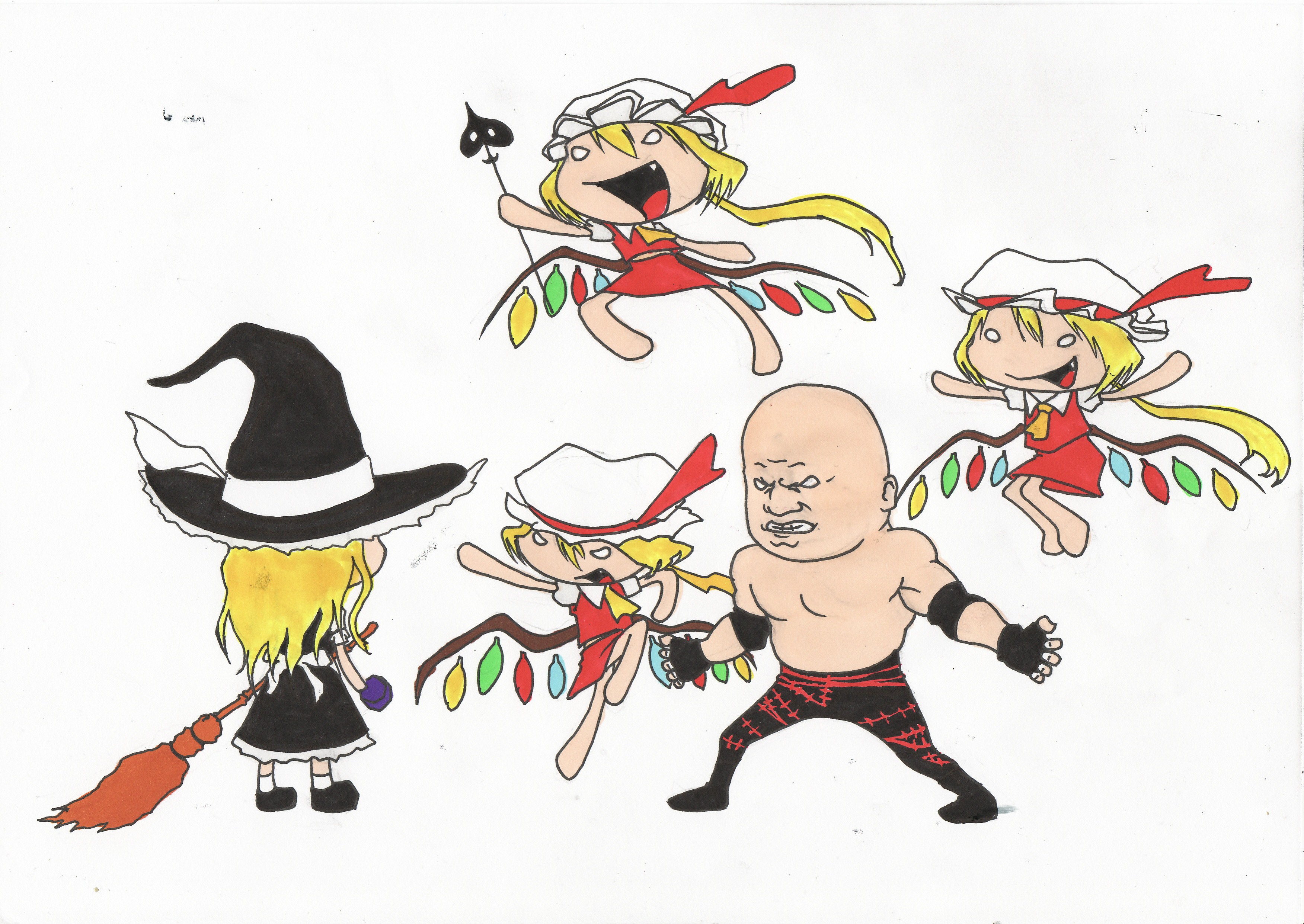 flandre scarlet, kane (wrestler), kane (wwe), kirisame marisa, touhou, wwe, absurdres, highres, 1boy, 4girls, bald, blonde hair, broom, chibi, crossover, hat, long hair, mini-hakkero, multiple girls, polearm, weapon, wings, witch, witch hat