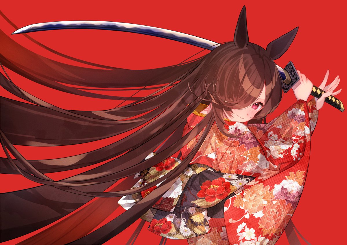 yomean!, rice shower (umamusume), umamusume, commentary request, 1girl, alternate costume, animal ears, blush, brown hair, closed mouth, flipped hair, floral background, hair over one eye, holding, holding sword, holding weapon, horse ears, horse girl, horse tail, japanese clothes, katana, kimono, long hair, long sleeves, looking at viewer, purple eyes, red background, red kimono, solo, sword, tail, weapon, wide sleeves