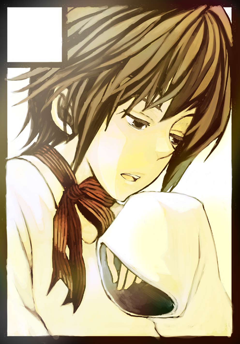 sugi, bad id, bad pixiv id, highres, 1boy, brown eyes, brown hair, circle cut, half-closed eyes, long sleeves, male focus, open mouth, ribbon, shirt, short hair, sleeves past wrists, solo