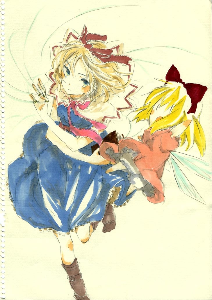 sugi, alice margatroid, shanghai doll, touhou, bad id, bad pixiv id, marker (medium), traditional media, 2girls, blonde hair, blue eyes, female focus, hairband, multiple girls, ribbon, short hair, solo, string, wings